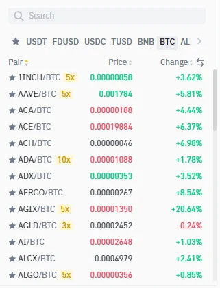 Binance 現貨交易對真實列表,頂部可切換 USDT、FDUSD、USDC、BNB、BTC 等計價資產,列表顯示交易對、價格與漲跌