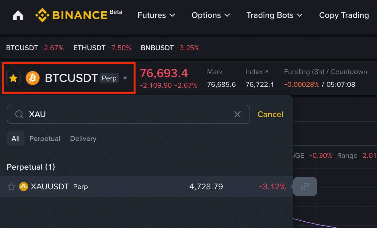 Binance BTCUSDT 永續合約真實介面,產品旁標示 Perp,並顯示 Mark、Index、Funding 與倒數