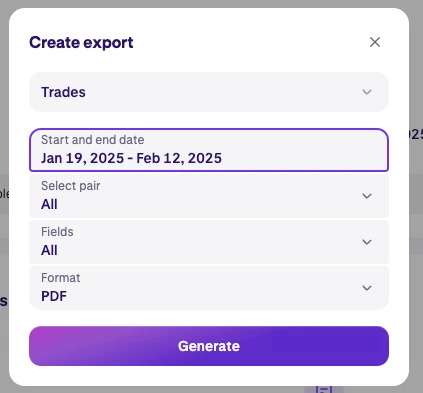 Kraken 官方 Create export 窗口顯示 Trades、日期範圍、交易對、Fields、目前選取的 PDF 格式與 Generate 按鈕