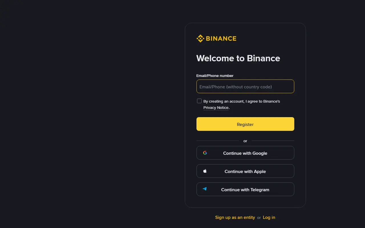 Binance en-KZ 真實註冊頁,顯示 Email或手機輸入、Register,以及 Google、Apple、Telegram 與企業帳戶入口