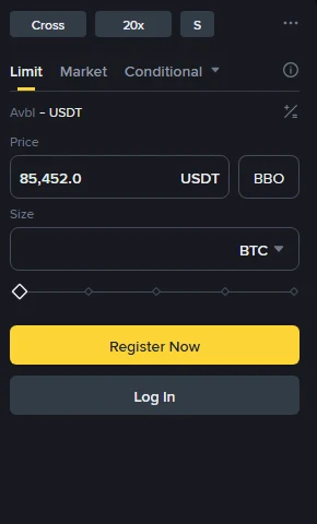 合約交易頁右側的下單面板,由上而下為保證金模式與槓桿倍數、Limit/Market/Conditional 下單分頁、價格與數量欄位